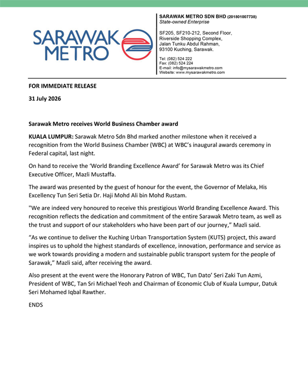 Sarawak Metro receives World Business Chamber award