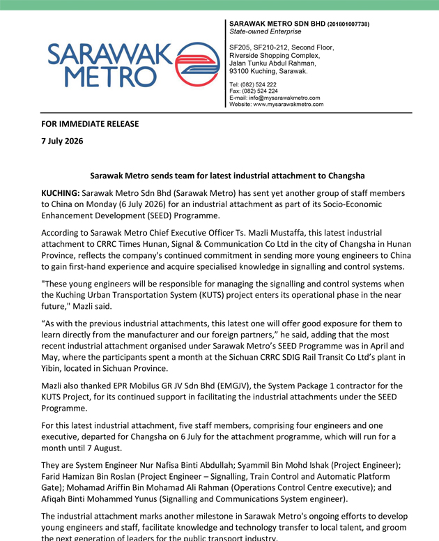 Sarawak Metro sends team for latest industrial attachment to Changsha