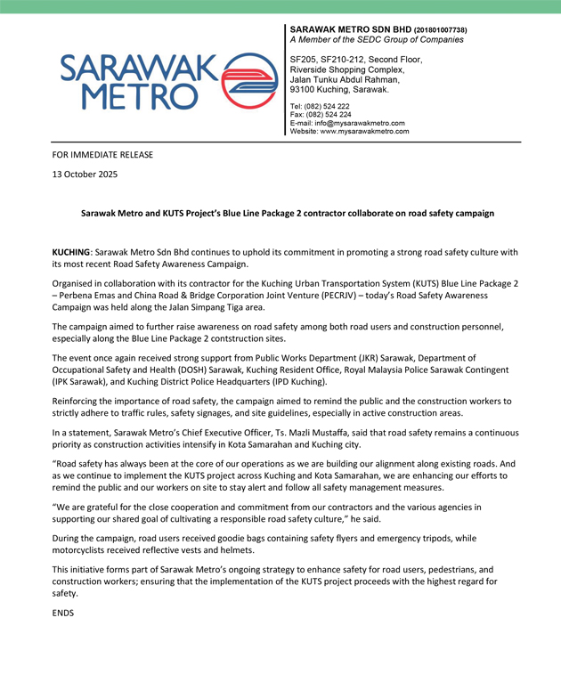 Sarawak Metro and KUTS Project’s Blue Line Package 2 contractor collaborate on road safety campaign