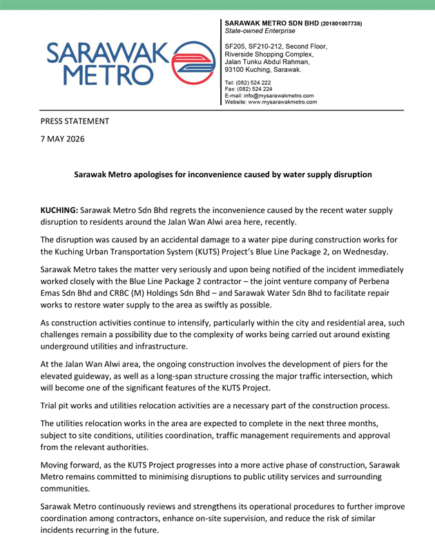 Sarawak Metro apologises for inconvenience caused by water supply disruption