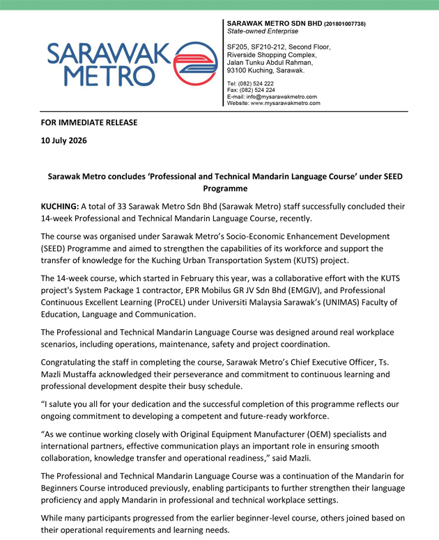 Sarawak Metro concludes ‘Professional and Technical Mandarin Language Course’ under SEED Programme