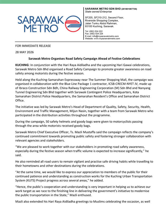 Sarawak Metro Organises Road Safety Campaign Ahead of Festive Celebrations