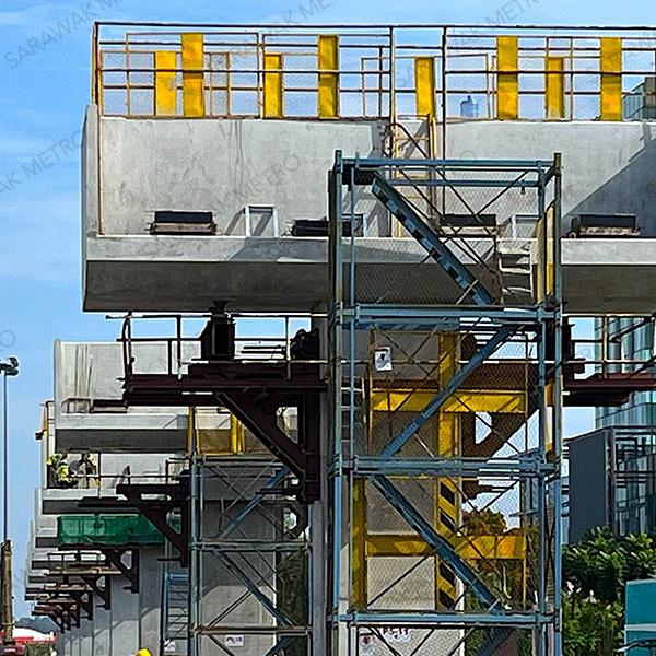 The Red Line is steadily taking shape, especially with the installation of the ART guideway near the Pelita Heights area.  The alignment for the Red Line will mostly be elevated.  To date, eight pier caps for the ART guideway have been successfully installed, with the ninth scheduled for installation soon. With a total of eight elevated ART stations, the Red Line of the KUTS project will cover a distance of 12 km, between Kuching Sentral and the Neu Pendington area.  The development of the Red Line has now shifted into full gear with works at multiple locations along the alignment.  We greatly appreciate your cooperation and patience during this construction period and let’s continue to work together to transform our city’s public transport system