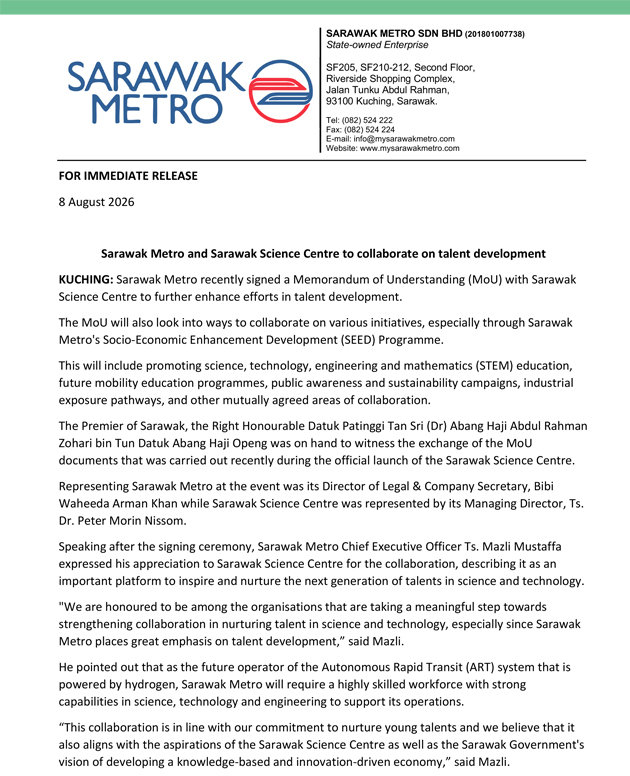 Sarawak Metro and Sarawak Science Centre to collaborate on talent development